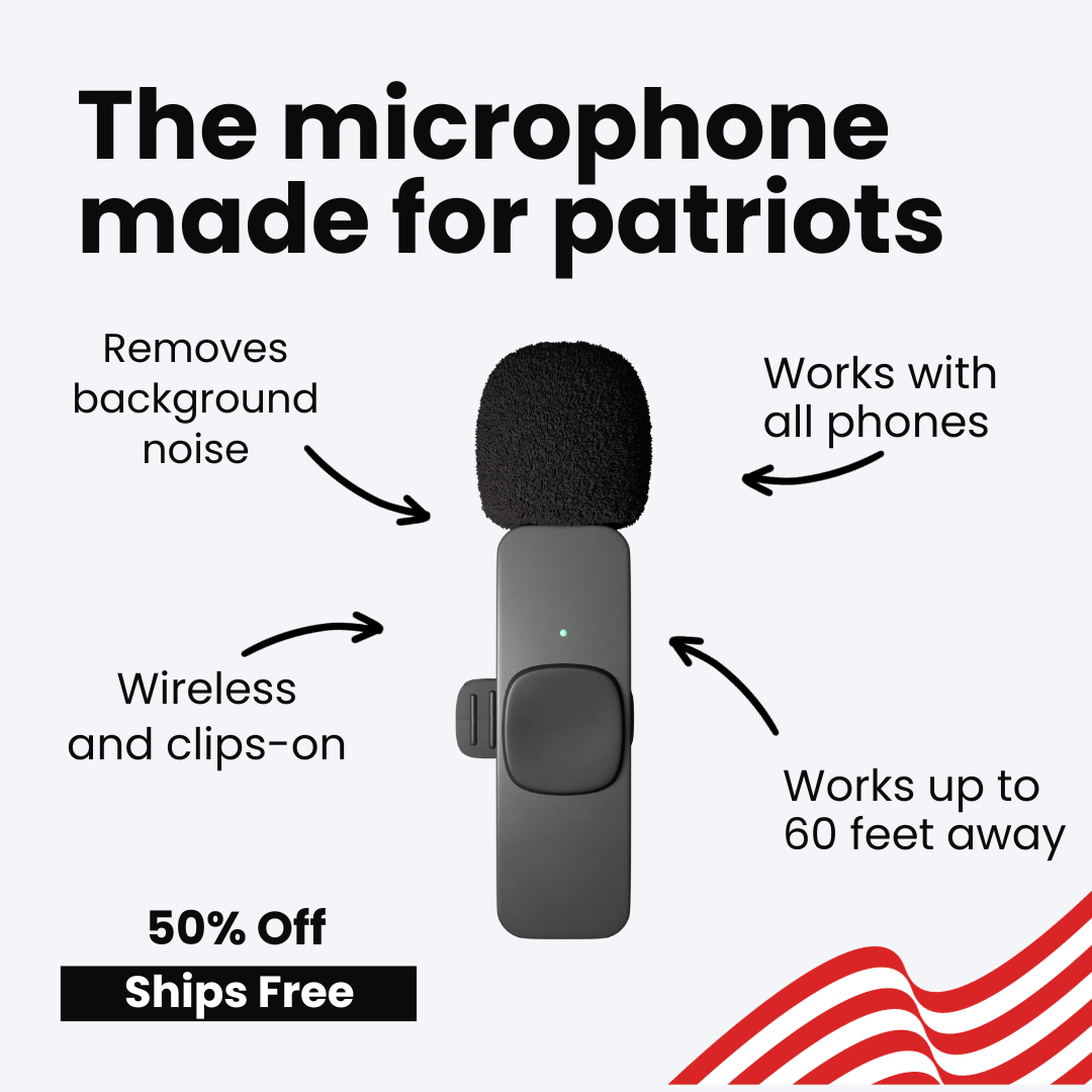 Graphic of a clip-on microphone with features highlighted and American flag motif, advertising discount and free shipping.