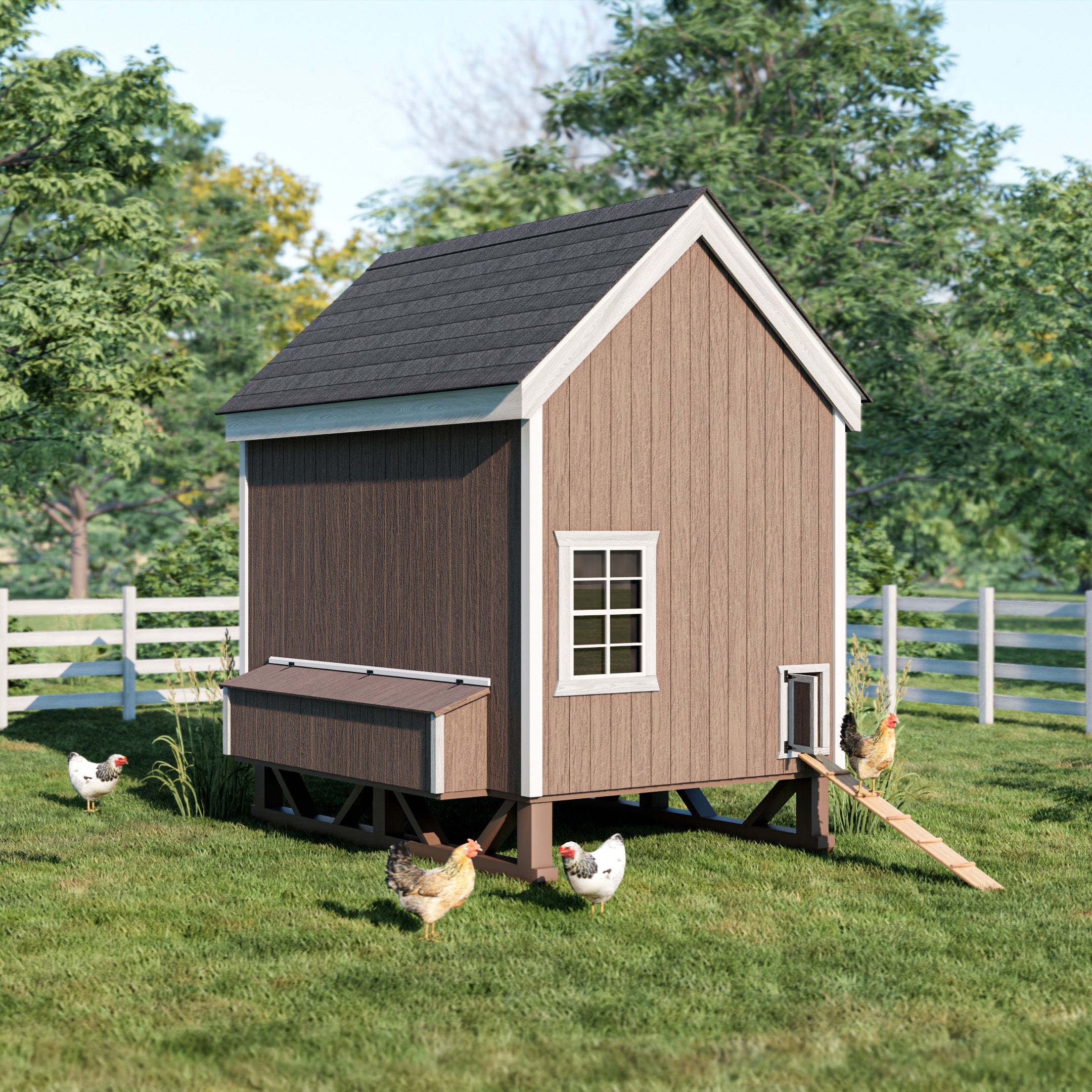 colonial gable chicken coop back view life scene with chickens