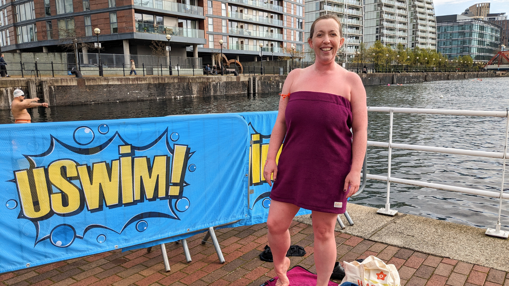 Jenny with a plum Changing Tube on at Salford Quays