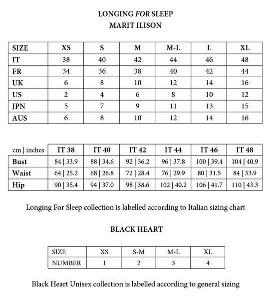 Marit Ilison Size Chart for Longing For Sleep and Black Heart