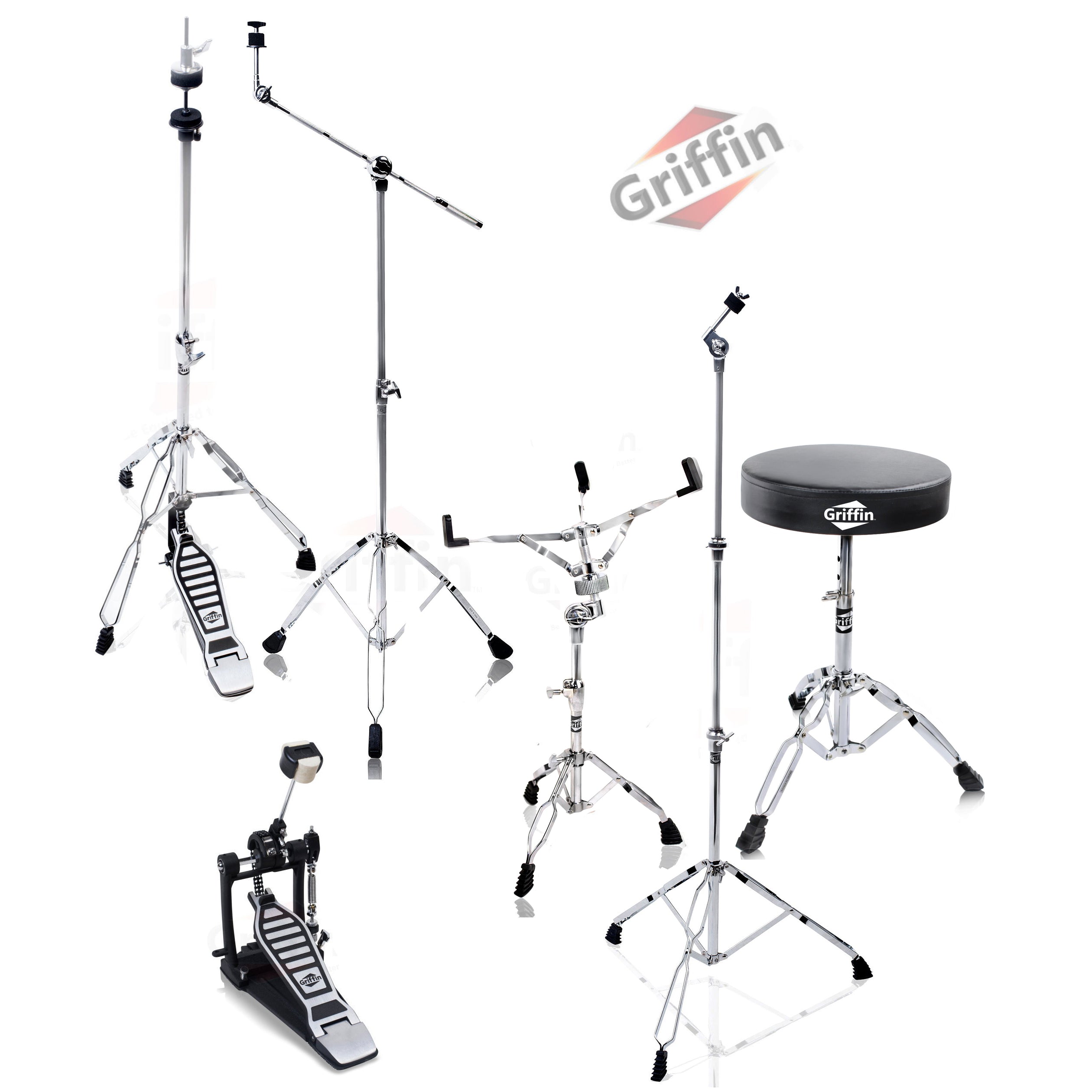 Drum Hardware Pack Complete 6 Piece Set by GRIFFIN - Full Size Percussion Stand Kit with Snare, Hi-Hat, Cymbal Boom, Throne Stool & Single Kick Pedal by GeekStands.com