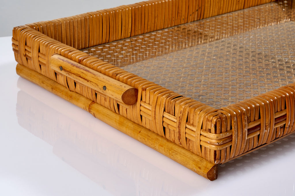 Round Bamboo, Rattan & Brass Serving Tray, Italy, 1970s for sale at Pamono