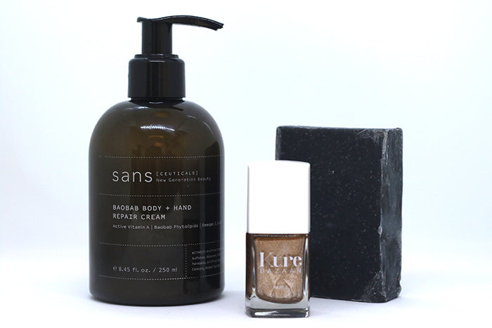 Sans [Ceuticals] Baobab Regenerative Body Cream; Honest Skincare Charcoal Soap; Kure Bazaar Nail Polish in Or Bronze