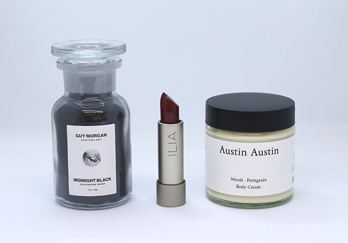 Guy Morgan Midnight Black Mask; Austin Austin Neroli & Petitgrain Body Cream; Ilia Lipstick in Femme Fatale