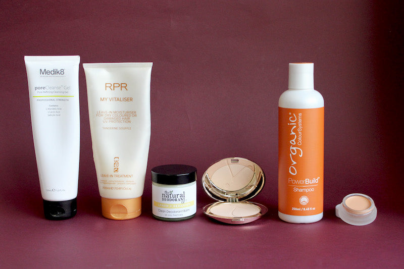 Left to right: Medik8 poreCleans Gel; RPR Tangerine Souffle Leave-in Treatment; The Natural Deo Co Lemon & Geranium Clean Deodorant Balm; Jane Iredale PurePressed Powder in Satin; Organic Colour Systems Power Build Shampoo; RMS Beauty “Un” Cover-up 22.