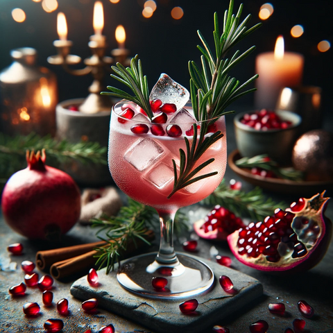 A cocktail garnished with a rosemary sprig and pomegranate seeds, evoking a Christmas tree aesthetic.
