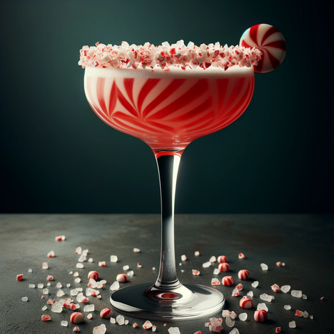 A cocktail glass with its rim coated in crushed peppermint candy, adding a festive red and white theme.
