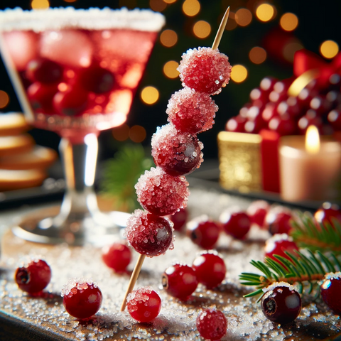 A skewer of sparkling sugared cranberries against a backdrop of a festive cocktail.