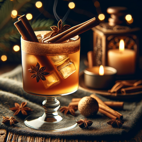 A warm-toned cocktail with a cinnamon stick stirrer, adding a cozy winter vibe.