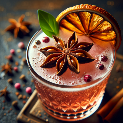 A cocktail garnished with a floating star anise, enhancing the drink's visual appeal.