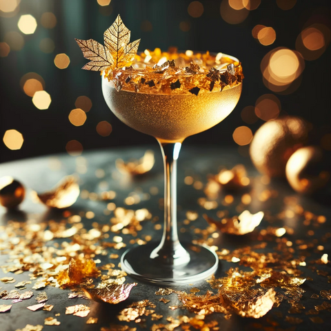 A sophisticated cocktail adorned with shimmering edible gold flakes.