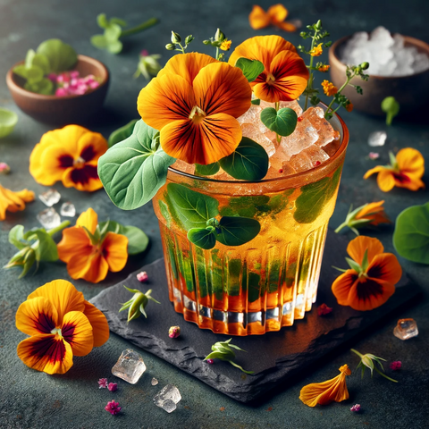 A cocktail with bright nasturtiums, offering a bold and spicy garnish.