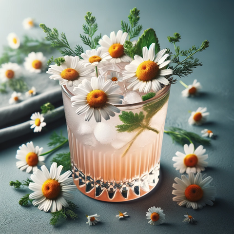 A cocktail garnished with chamomile blossoms, giving a soft, herbal look.