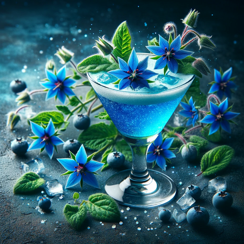 A cocktail with borage starflowers, adding a splash of vibrant blue.