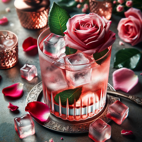 A cocktail with rose petal ice cubes, adding a romantic flair.