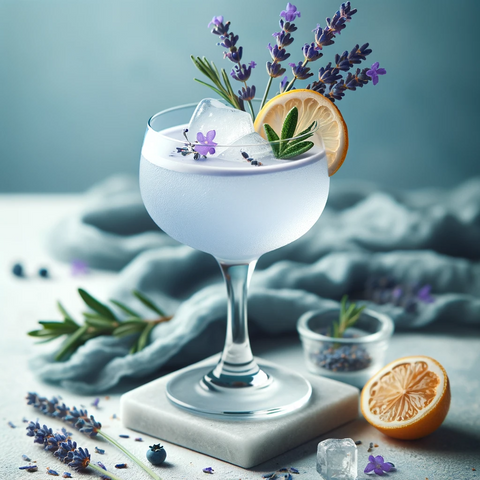 A light, refreshing cocktail adorned with a sprig of lavender.