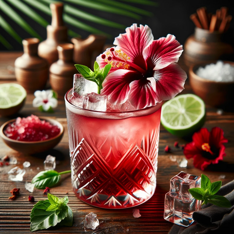 A cocktail garnished with a hibiscus flower in syrup, showcasing its elegant bloom.