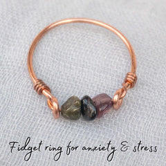 copper tourmaline fidget mindfulness ring with black, green and pink tourmaline