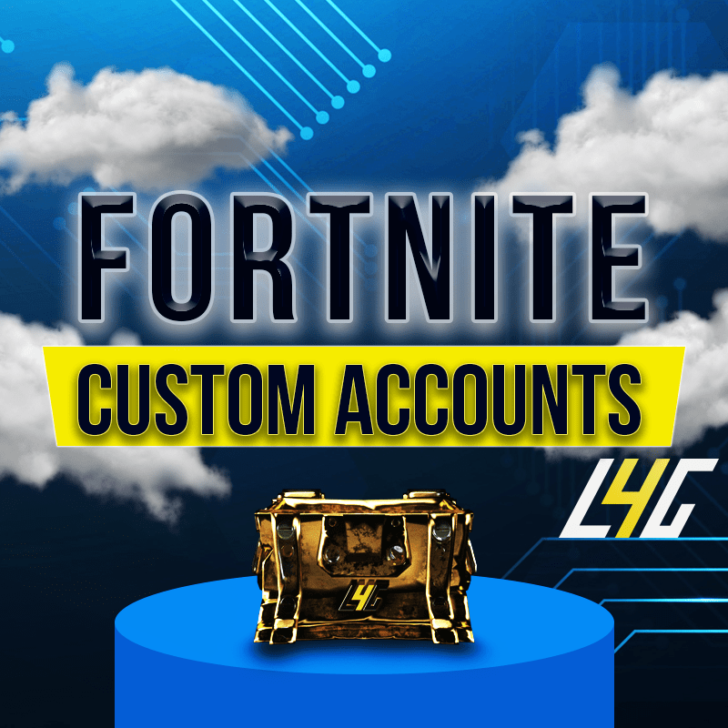 Promotional graphic for 'Fortnite Custom Accounts' with a golden chest and a blue cloudy background.