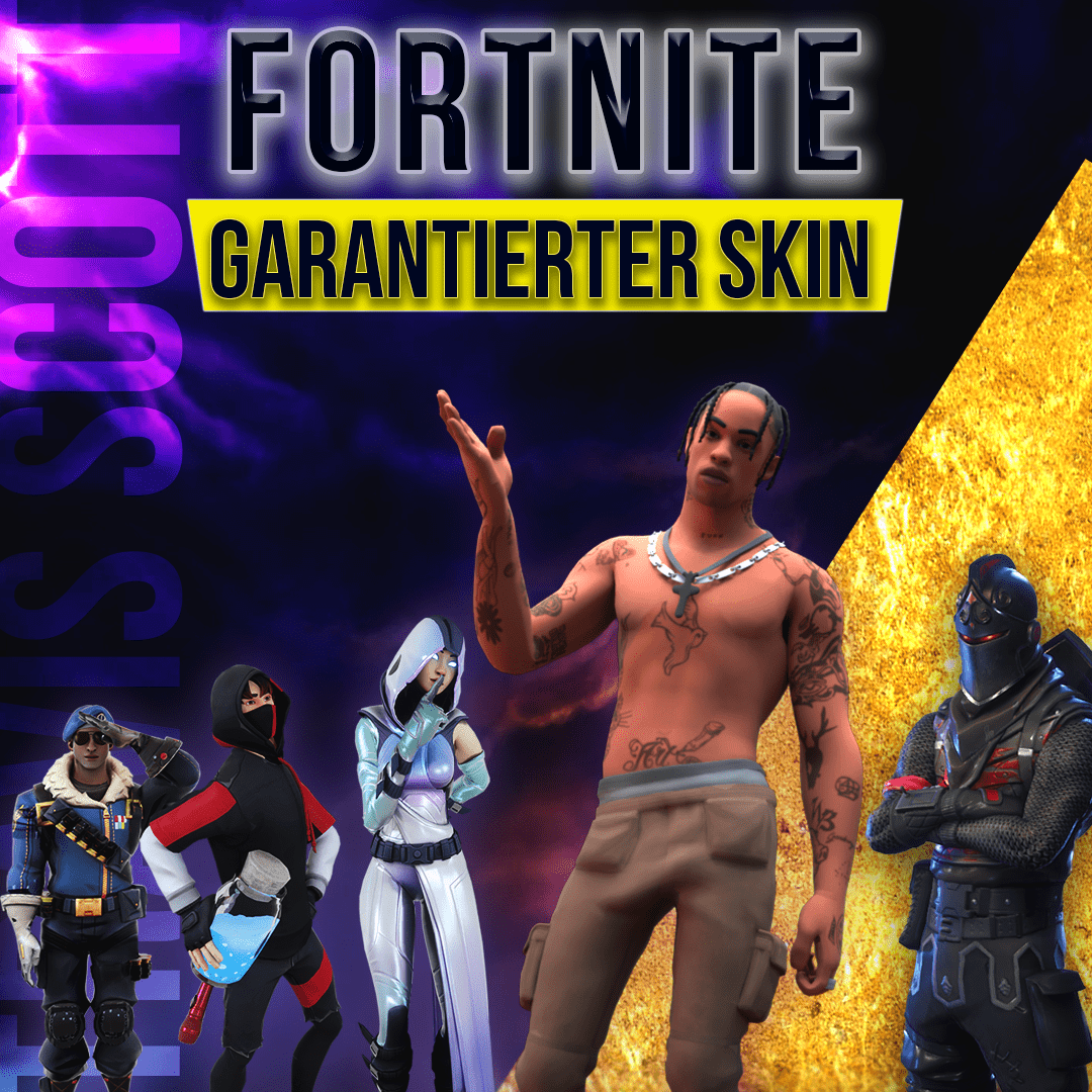 Promotional image featuring various Fortnite game character skins with 'GARANTIERTER SKIN' text overlay.