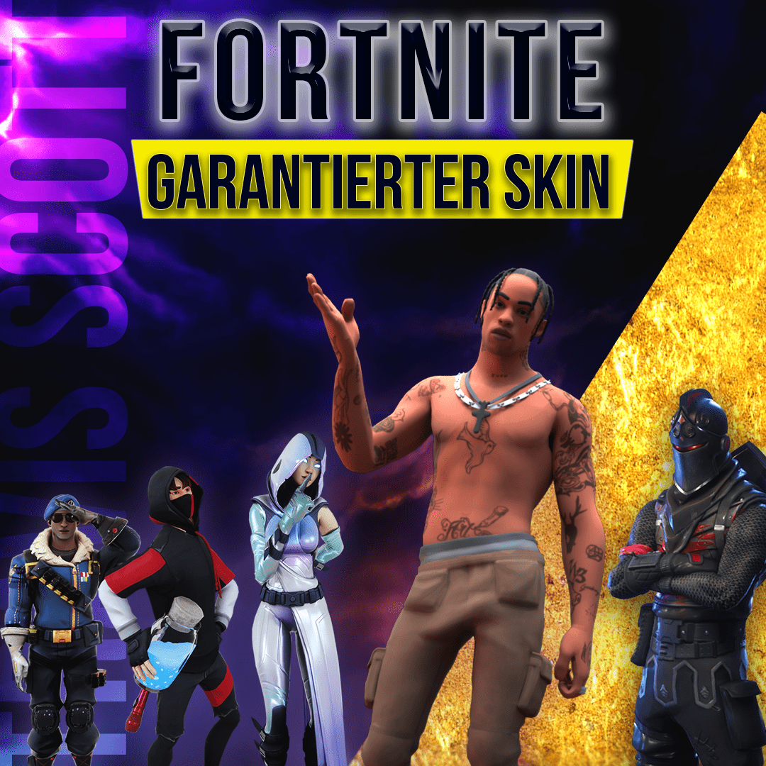 Promotional Fortnite image featuring a variety of character skins with 'GARANTIERTER SKIN' text.