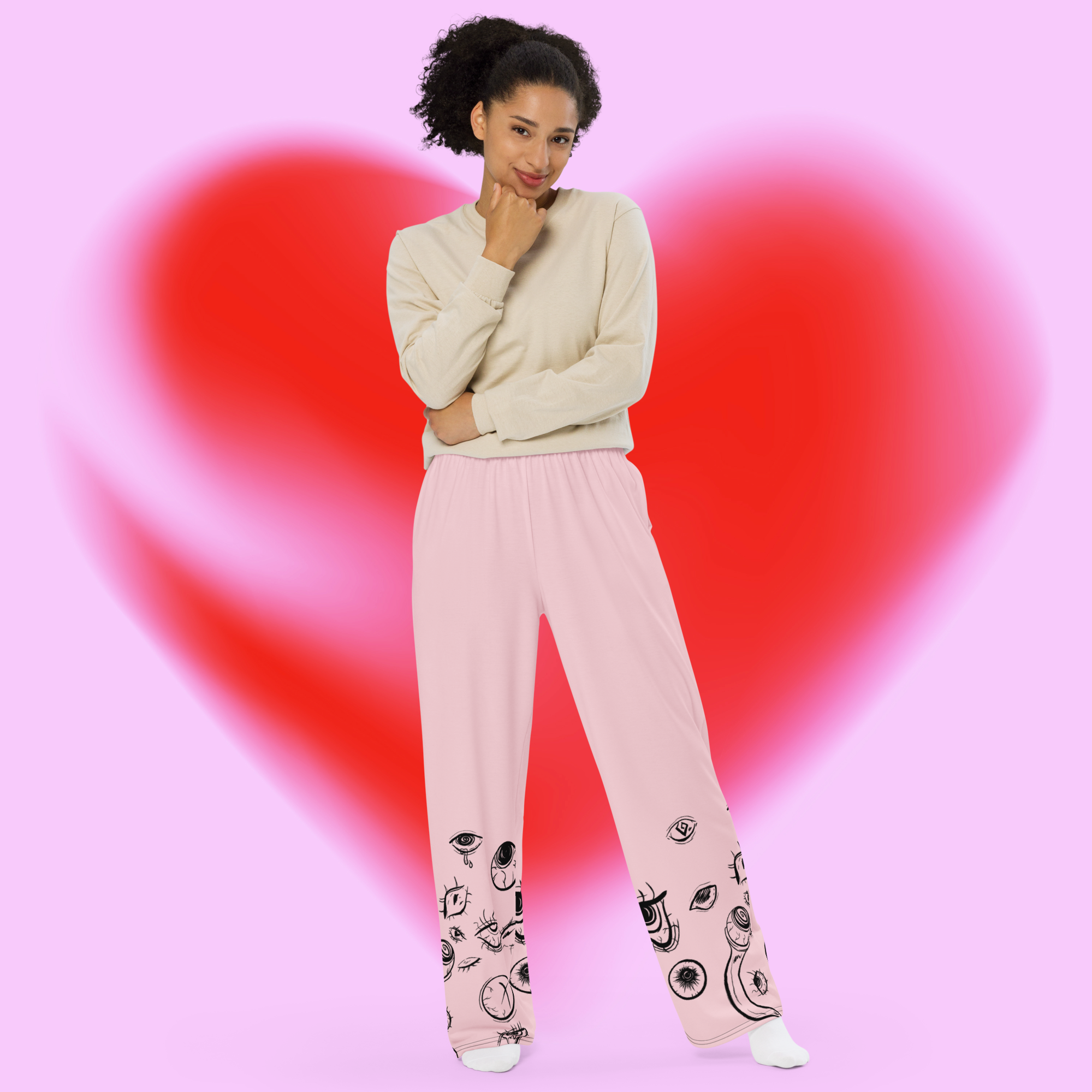 Pink Eyes All-Over Print Wide-Leg Pants