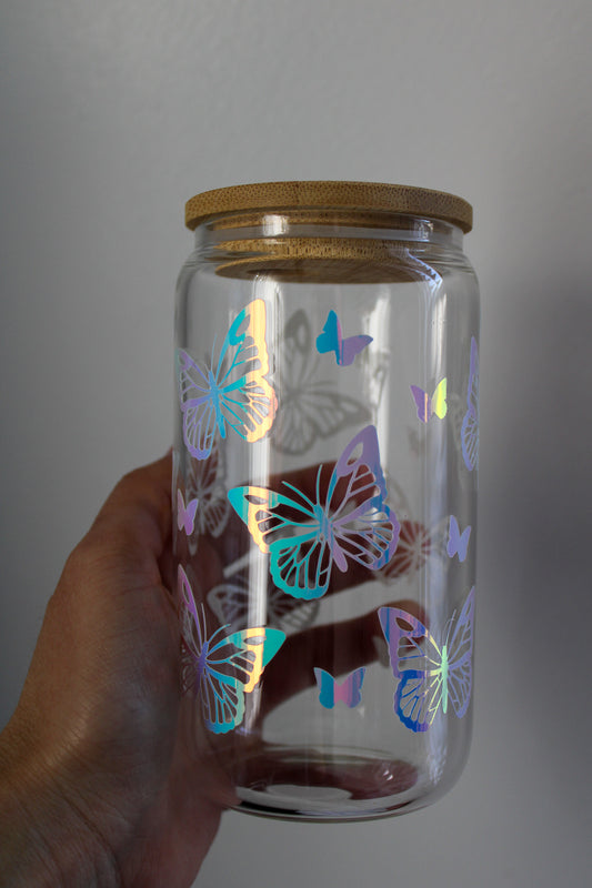 BUTTERFLY glass can cup with bamboo lid & straw | beer glass can cup | iced  coffee glass can cup | soda can glass cup