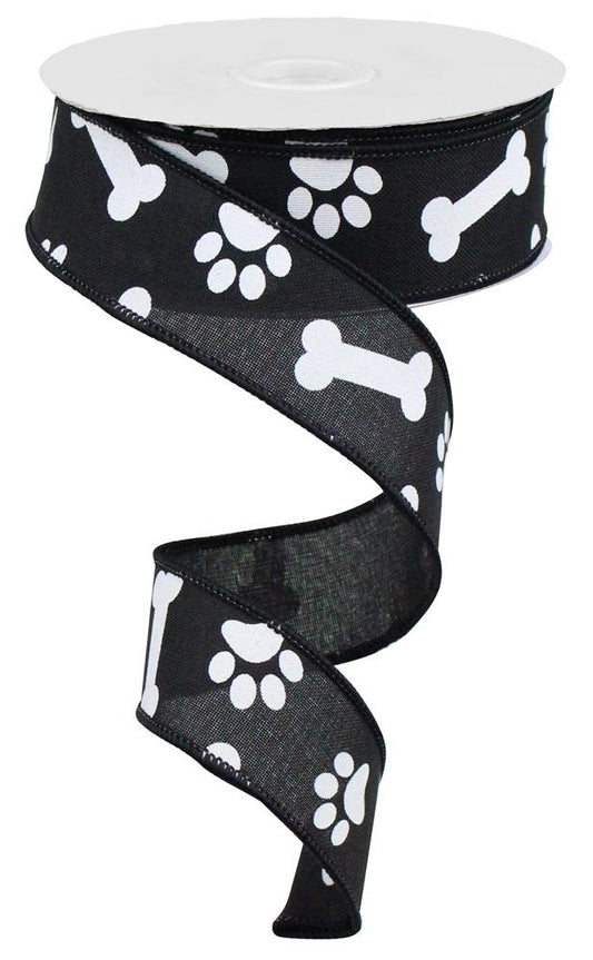 Wired Ribbon * Dog Paw Prints and Bones * Tan and Black * 2.5 x 10 Ya –  Personal Lee Yours