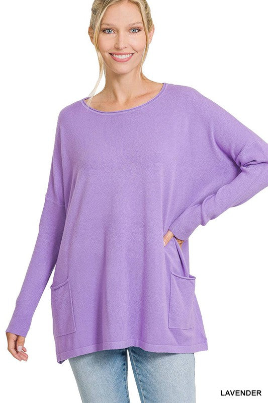 Zenana Clothing Hi-Low Long Sleeve Round Neck Sweater