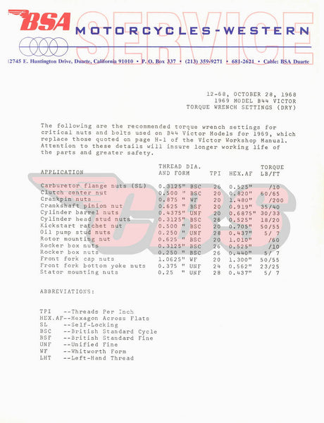 BSA B44 Service Bulletin - 1968-1970 Torque Wrench Settings