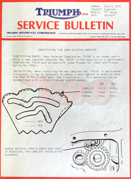 Triumph Service Bulletin - 500 Gear Selector Plates