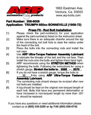 Triumph 650 ARP Installation Slip