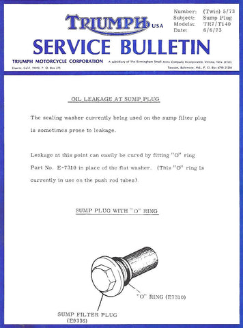 Triumph Service Bulletin For Crankcase Oil Drain Plug 70-9336
