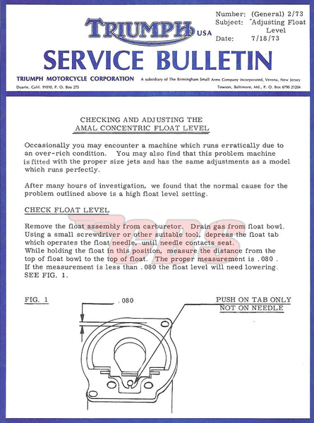 Amal Concentric Float Height Service Bulletin - 1973
