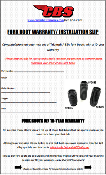 Fork Boot Warranty Slip