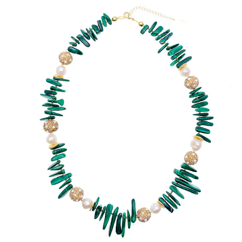 Wholesale Stick Shaped Malachite With Pearl Rhinestone Statement Necklace HN027 - FARRA