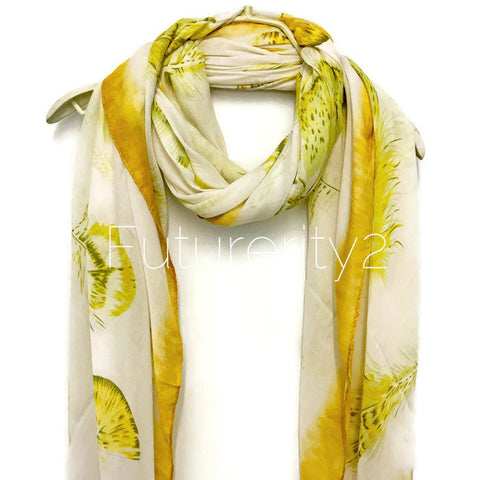 Floating Feathers With Yellow Trim Cotton Scarf
