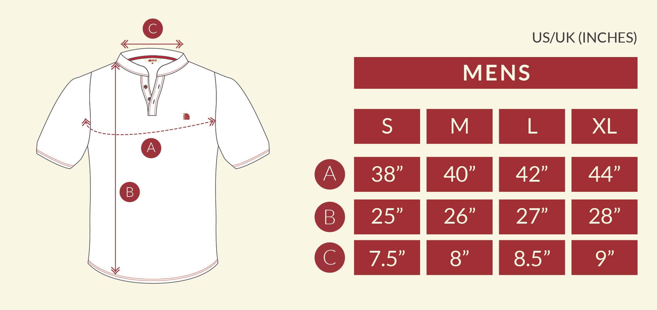 Mazu Resortwear T-shirt & Polo Size Chart