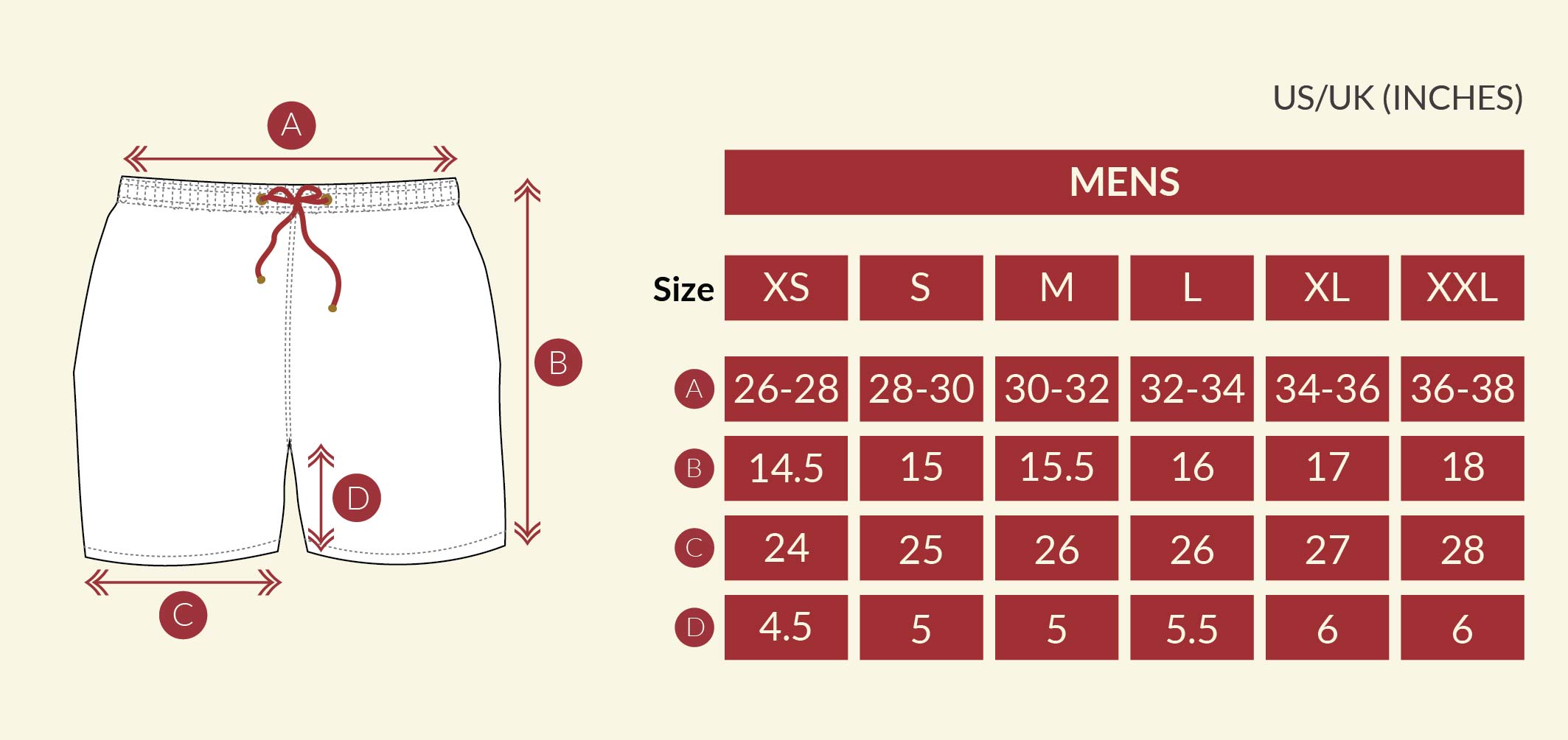 Classic Swim Shorts Size Chart - Mens 