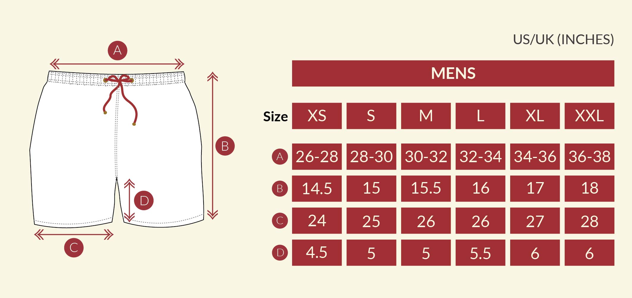 Mens Size Chart Shorts