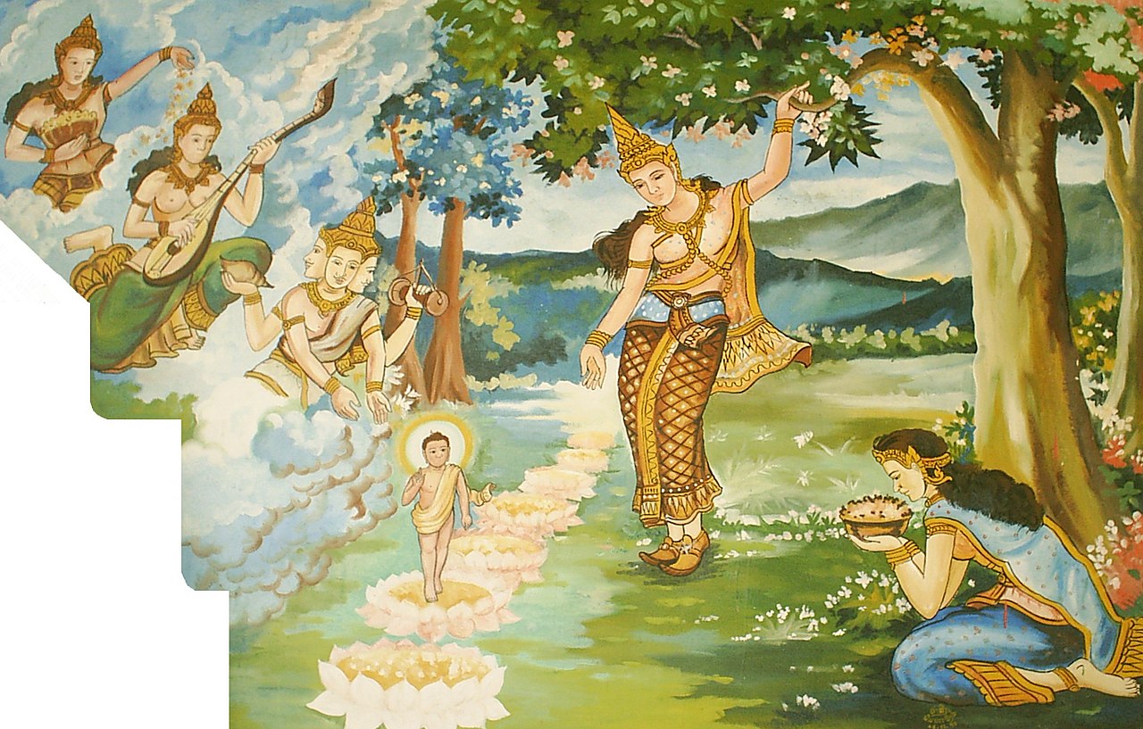 Queen Mahamāyā giving birth to the Buddha under sala tree while grasping the branch.