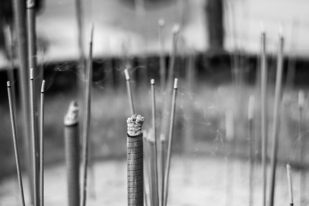 Black and white closeup image of incense sticks 