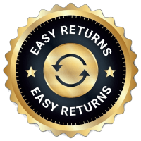 A gold and black badge with 'Easy Returns' and recycling arrows.