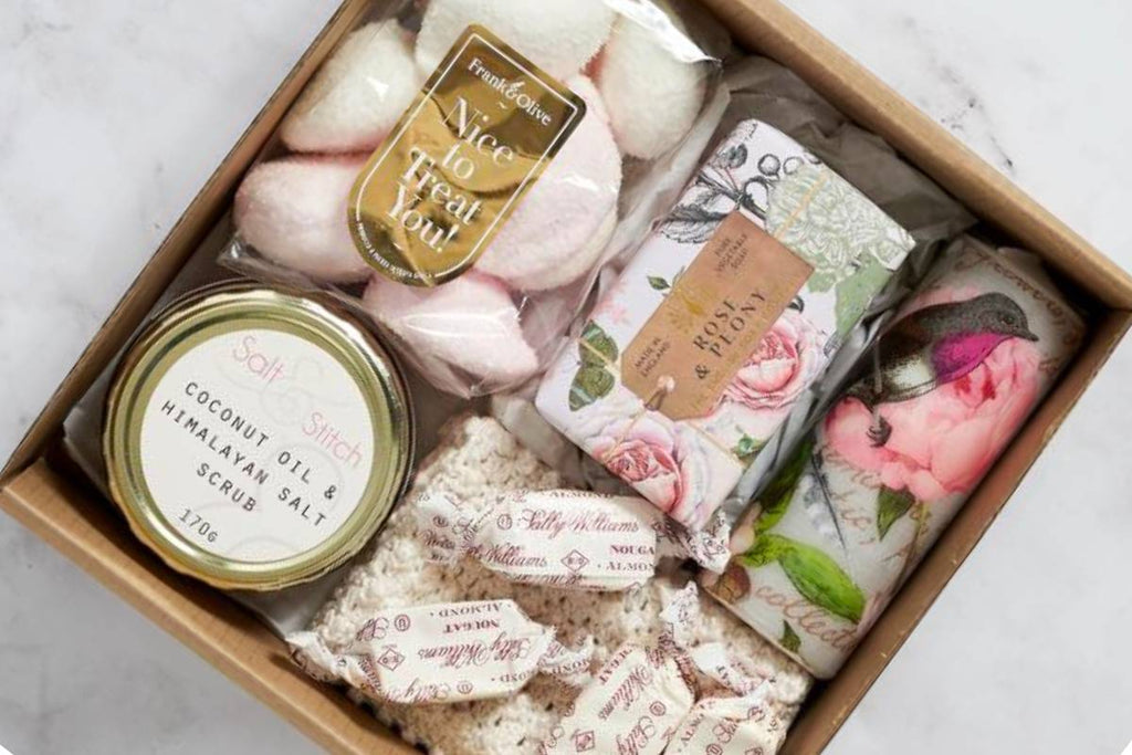Lady of Leisure, bath scrub, pamper hamper, candle, nougat, snacks, treats for her
