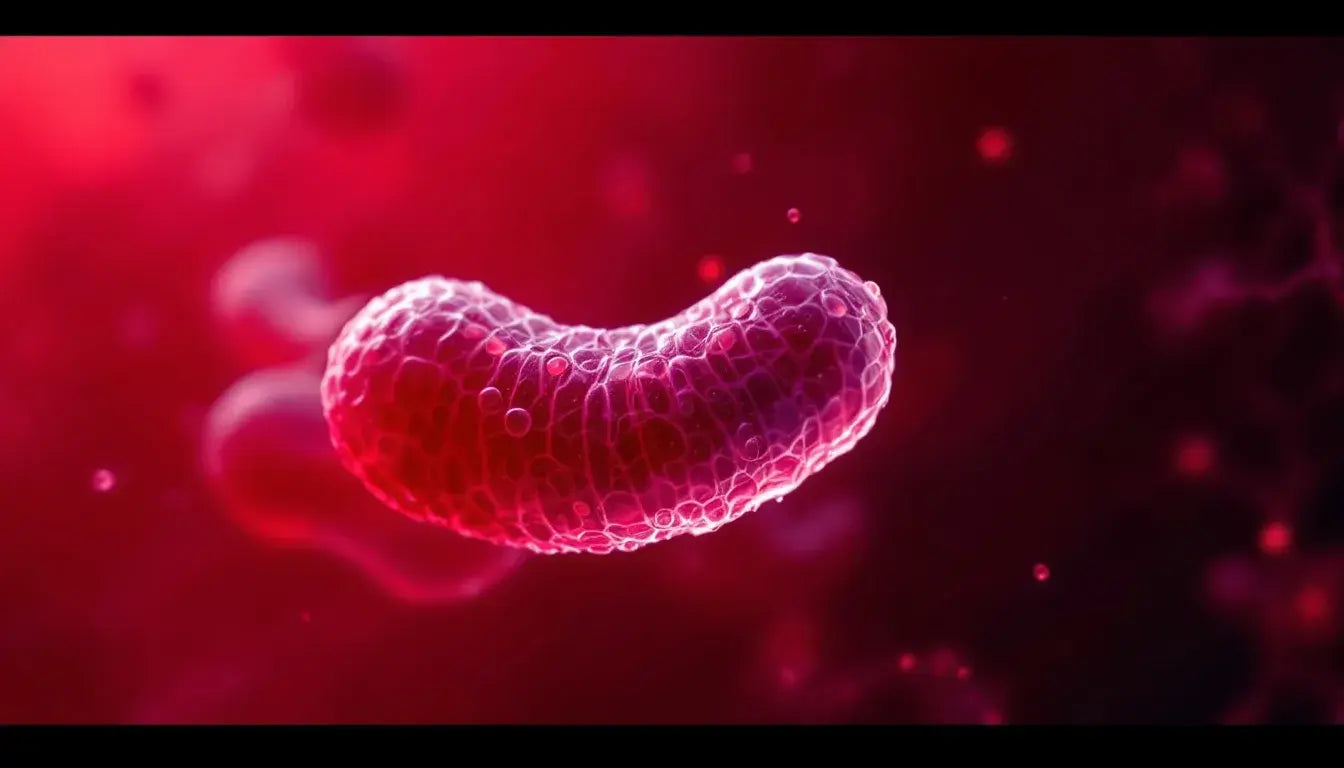 A red virus cell featuring a prominent red heart at its center.