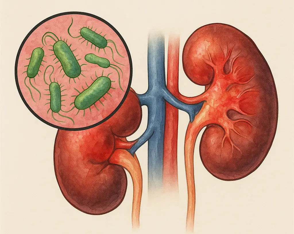 A detailed drawing of a kidney alongside various bacteria, illustrating their relationship in the human body.