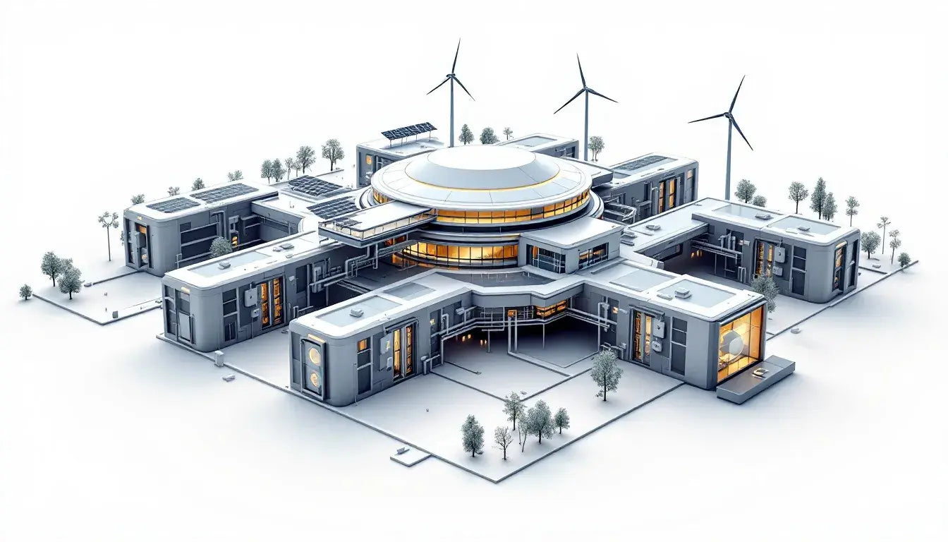 3D rendering of a modern building featuring sleek architecture and integrated wind turbines for sustainable energy.