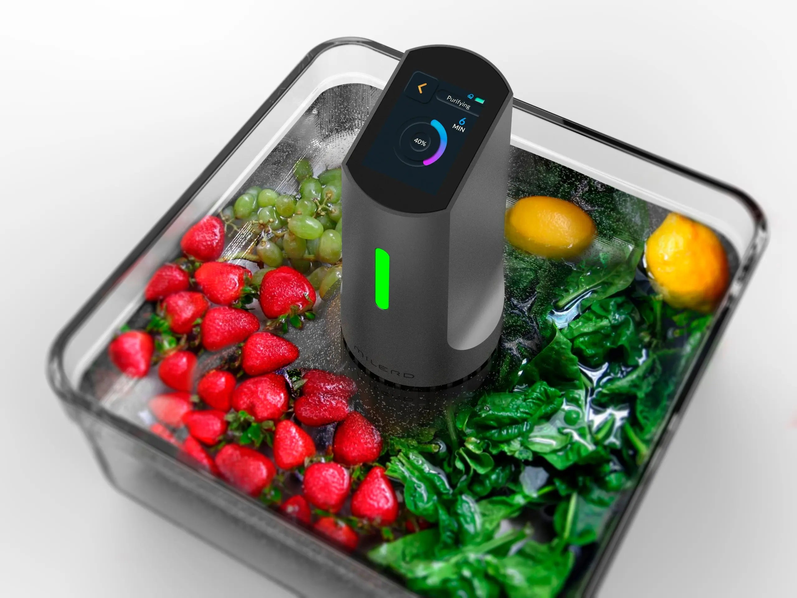 Milerd Detoxer with fresh fruits and vegetables, showcasing a variety of colorful produce on its shelves.