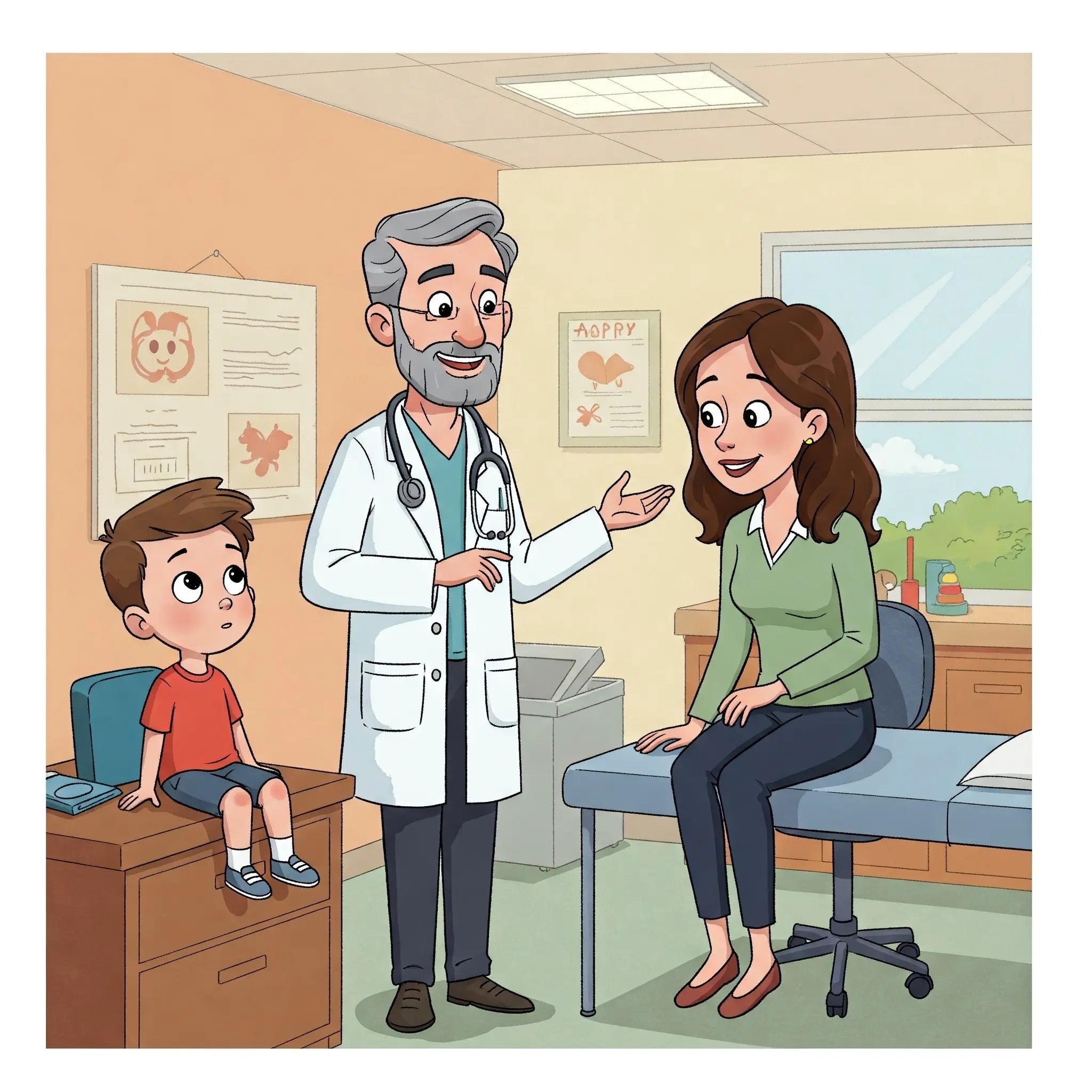 A cartoon doctor converses with a woman and a child in a friendly, welcoming setting.