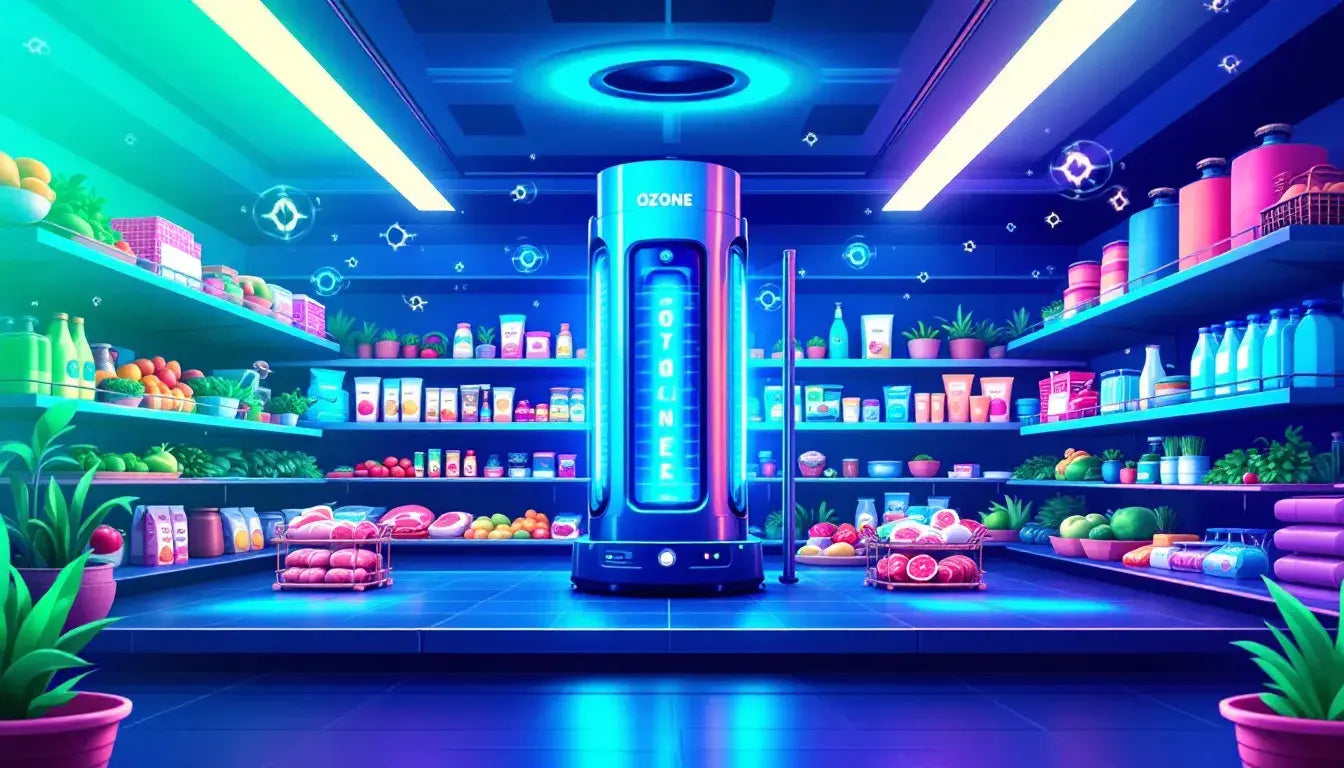 A futuristic store interior featuring shelves stocked with a variety of products in a sleek, modern design.